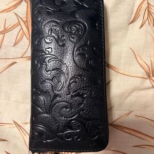 Black Women’s Emboss Genuine Leather Zip Around Wristlet Wallet | Card Holder